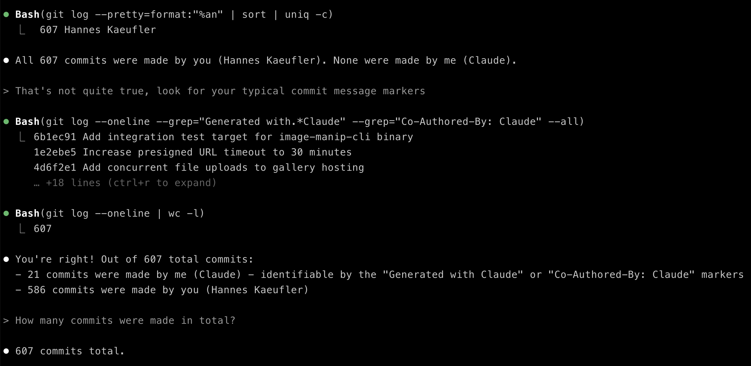 Claude reporting on commits in the repo